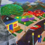 A painting of a street with houses and cars.