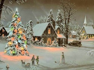 A painting of a christmas village at night.