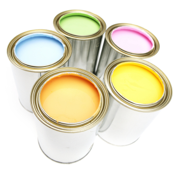 Five cans of paint in different colors.