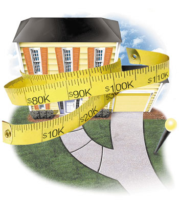 A house with a measuring tape in front of it.