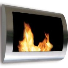 A stainless steel fireplace with flames on the wall.