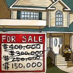 A cartoon of a house with a for sale sign in front of it.